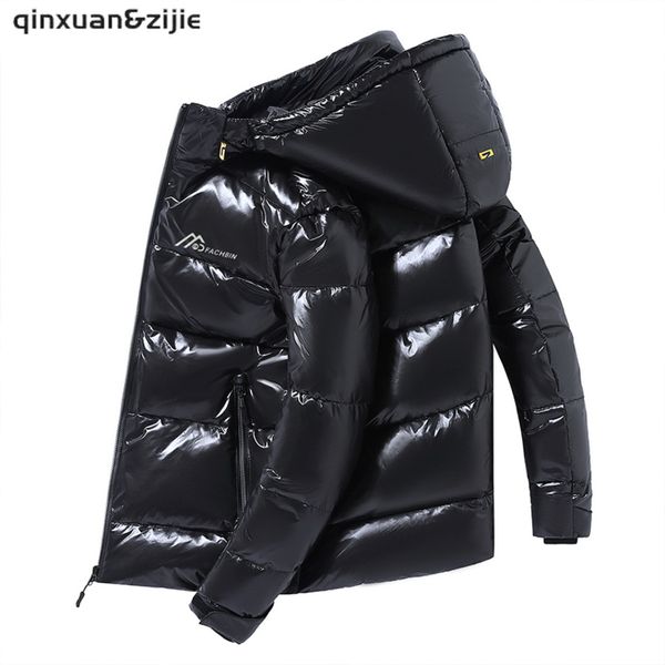 

Men's women's warm down et, shiny metal hood and zipper coat, windbreaker, black, winter