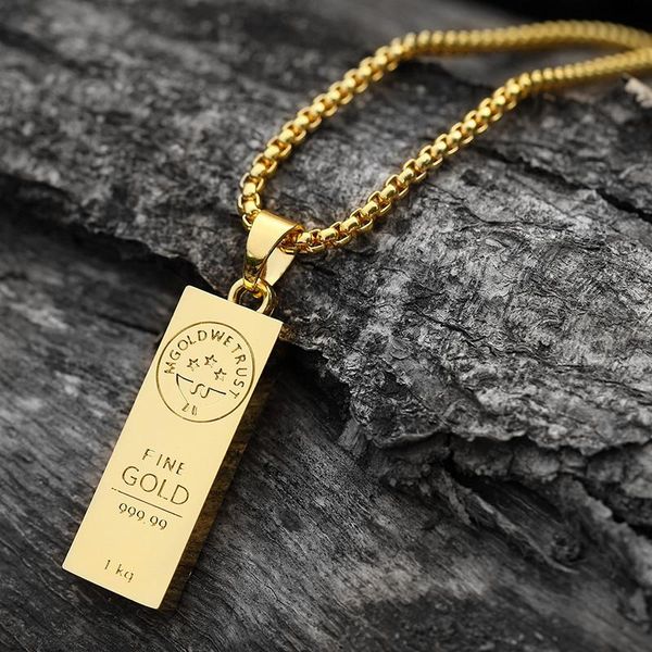 

pendant necklaces mens hip hop golden brick cube bar bullion charm round box long chain, Silver
