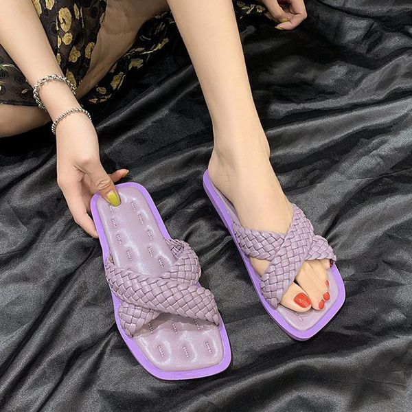 

slippers drop yellow cross weave leather women summer casual square toe ladies flat sandals comfortable beach slides, Black