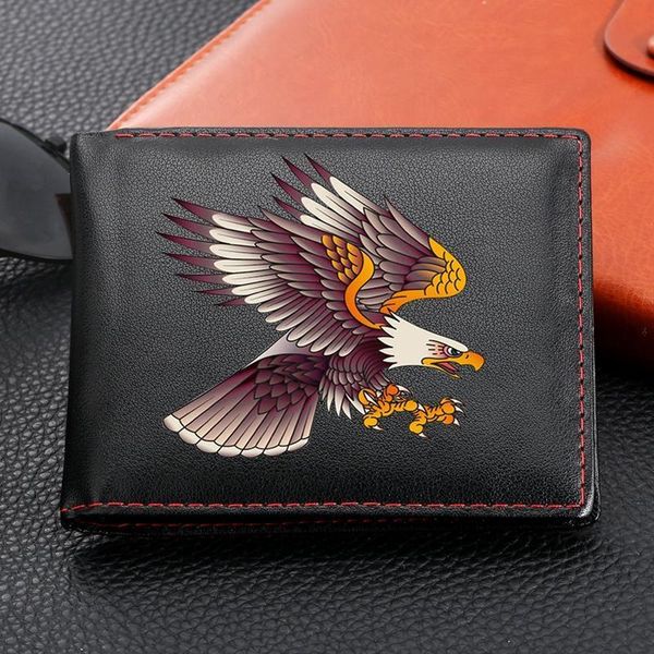 

eagle customized short bifold wallet men leather pu vintage casual wallets male multi cards purse slim card holders, Red;black