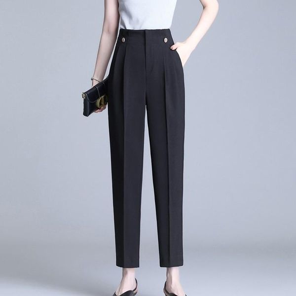 

women's pants & capris 2021 high waist button suit women office wear solid color casual korean fashion straight ankle-length lady trous, Black;white