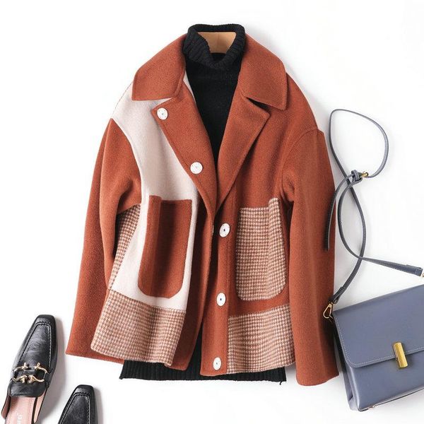 

women's jackets autumn and winter 2021 hand sewn color matching wool coat korean double faced cashmere short woolen, Black;brown