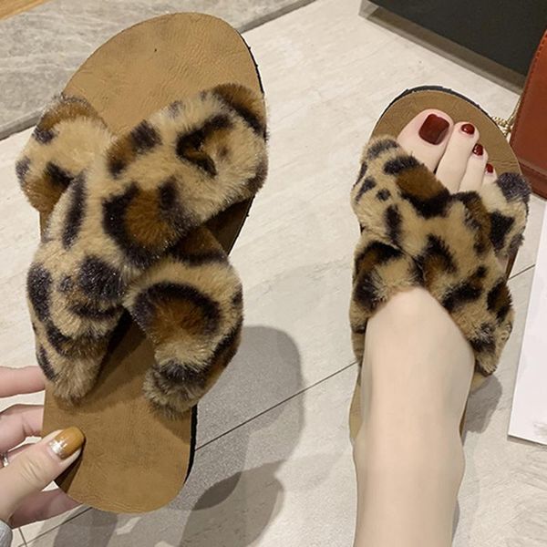 

slippers fleece female autumn winter wild non-slip flat bottom fashion cross fur zapatillas casa mujer sh9, Black