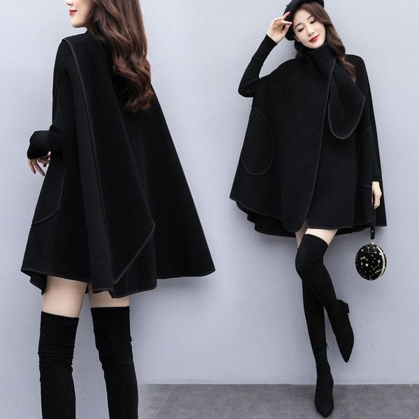 

women's wool & blends 2021 autumn winter women fashion woolen coat loose cloak outwear ladies casual solid long sleeve mid-length jacke, Black