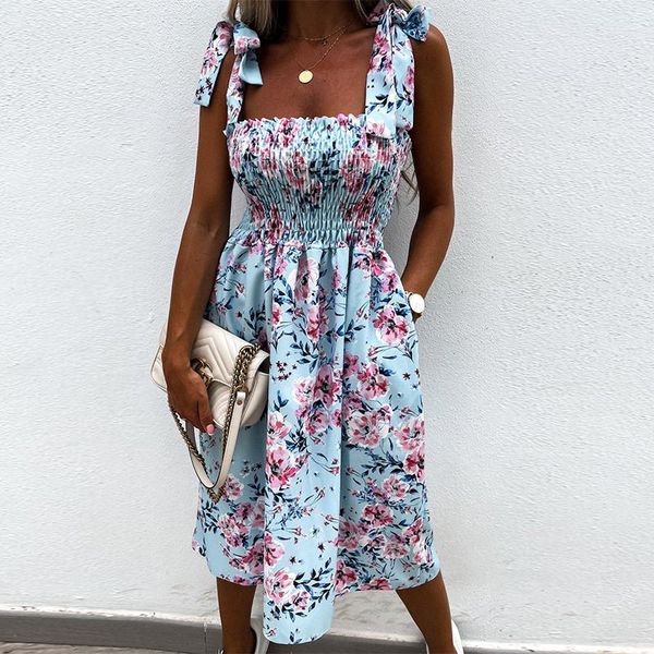 

casual dresses women spaghetti strap floral print dress summer stretch boho lace up long female sleeveless holiday sundress 2021, Black;gray