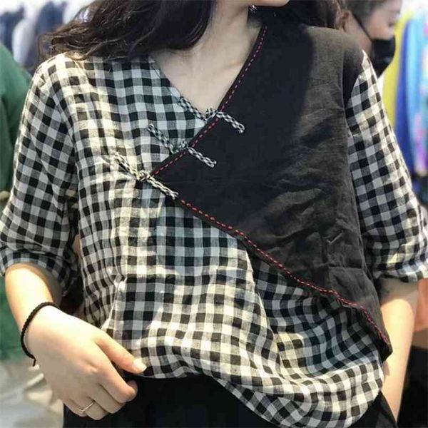 

summer arts style women short sleeve loose v-neck t-shirt vintage patchwork cotton linen plaid tee shirt femme m172 210512, White