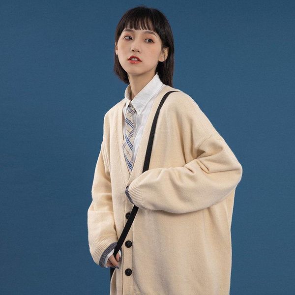 

clothing sets jk knitted sweater cardigan jacket women autumn 2021 korean loose lazy v-neck top, White