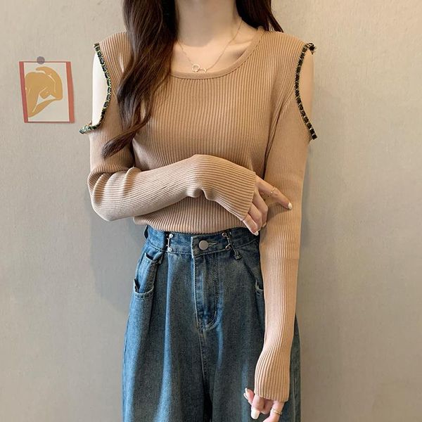 

women's sweaters temperament thin early autumn lazy sweater 2021 off shoulder striped long sleeve short top, White;black