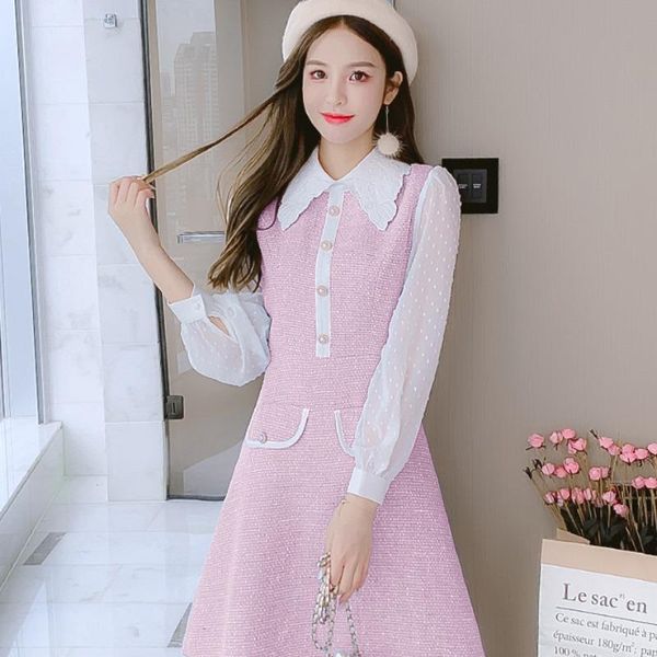 

casual dresses small fragrance chiffon patchwork tweed women lapel collar designer pearls buttons high waist mini a-line party dress, Black;gray