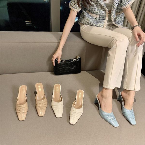 

slippers semi-drag lazy shoes 2021 mid-heel thick-heeled non-slip fashion baotou outer wear mules youth solid color, Black