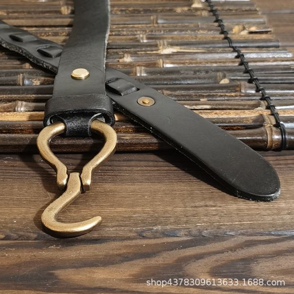 

3.3cm new belt mens leather copper hook retro american niche personality ins style trendy pure cowhide pants belt no. 2, Black;brown