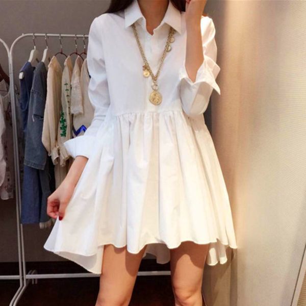 

spring female loose casual turn down collar single breasted solid color long sleeve minimalist shirt dress 8q998 210510, Black;gray