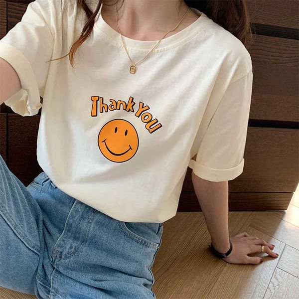 

white collar smiling face printed letters short sleeve t-shirt female korean style loose tee 210706
