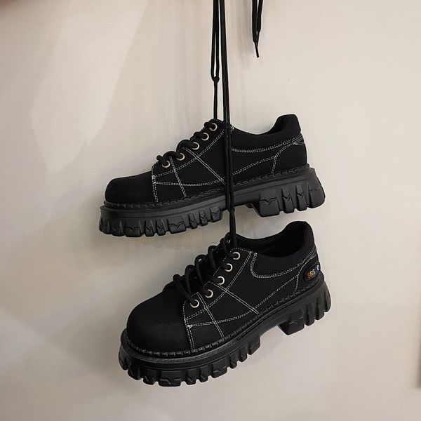 

Fashion Girls INS Chunky Sneakers New Student Spring Martens Boots Shoes Women Lace-up Thick Bottom Suit Sneakers Chaussure Femm, Black