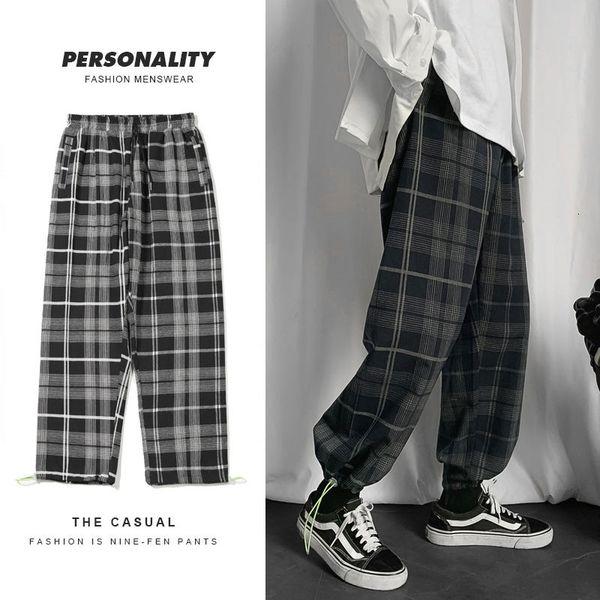 

men's pants autumn plaid fashion retro cotton casual men streetwear wild loose drawstring straight-leg mens m-5xl zmsx, Black