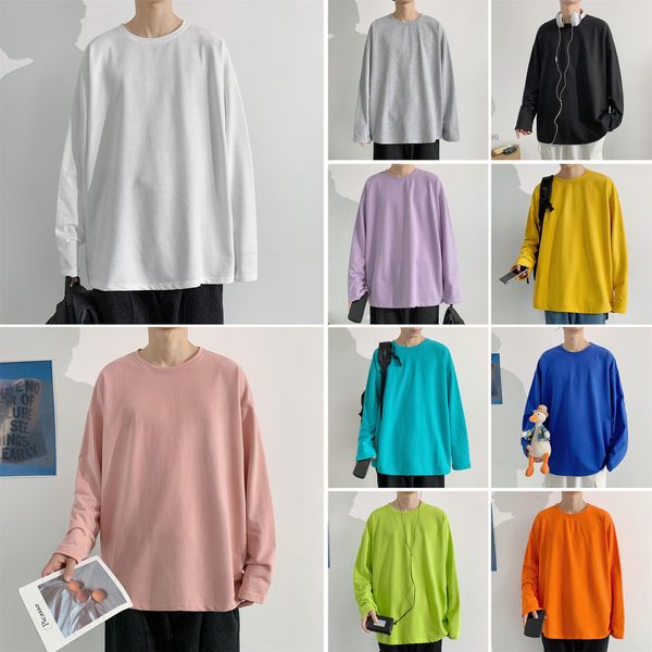 

2021 mens spring and autumn couples all-match candy color round neck cotton long-sleeved t-shirt loose trend bottoming shirt sw, White;black