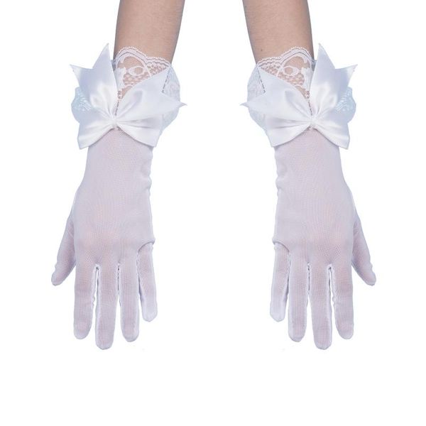 

five fingers gloves womens girls elegant short mesh wrist length satin bowknot floral lace ruffle solid for wedding party, Blue;gray