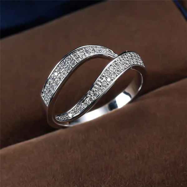 

simple female white crystal stone ring classic silver color wedding rings for women vintage wave zircon engagement thin ring, Slivery;golden