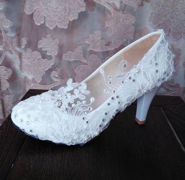 

dress shoes romantic white lace wedding woman platforms high heels round toes slip on woman's banquet brides pumps shoe, Black