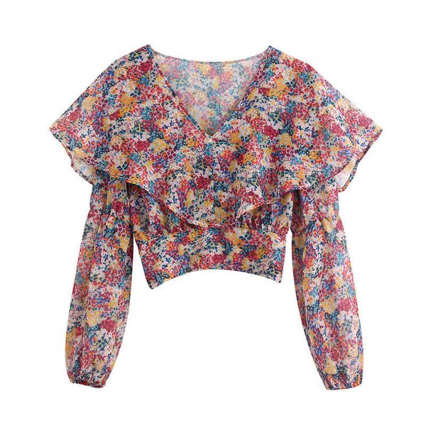 

stylish sweet floral print crop blouses women long sleeve ruffled back elastic female shirts blusas chic 210430, White