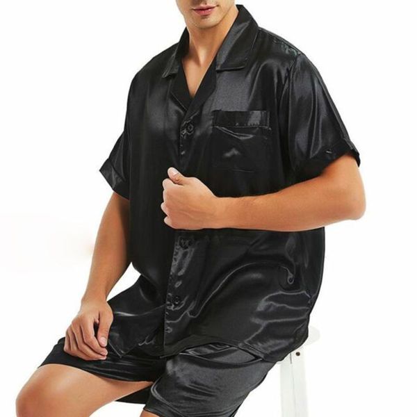 

men's sleepwear 2pcs pyjamas set mens silk satin +shorts ~3xl plus size, Black;brown