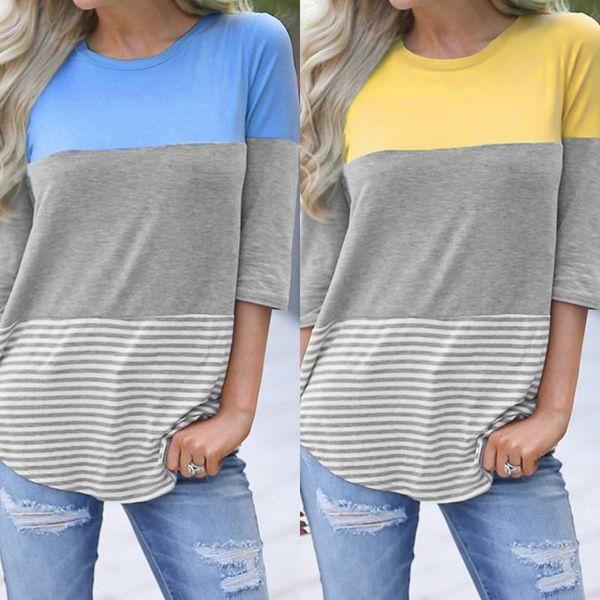 

women's t-shirt striped patchwork t-shirts 3 / 4 sleeve o-neck tees, White
