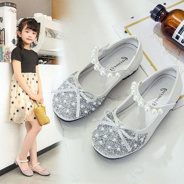 

flat shoes children girl leather for princess high heeled crystal girls party wedding big dance gold pink black, Black;grey