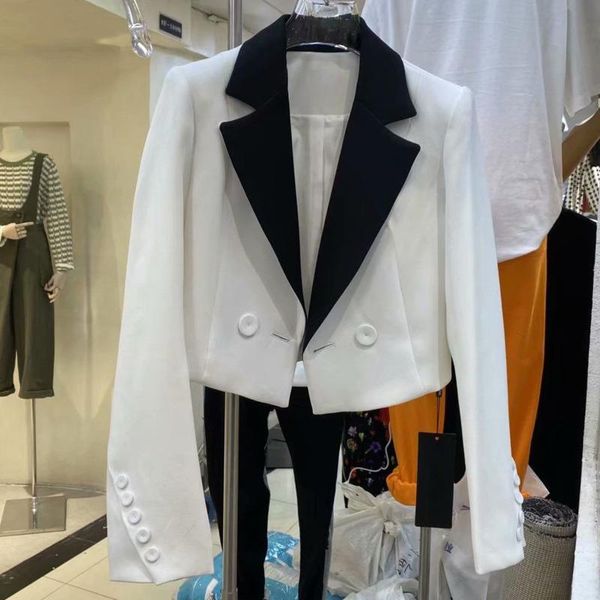 

women's suits & blazers [ewq] korea casual trend women lapel double-breasted contrast color fashion long-sleeved high-waisted blazer au, White;black