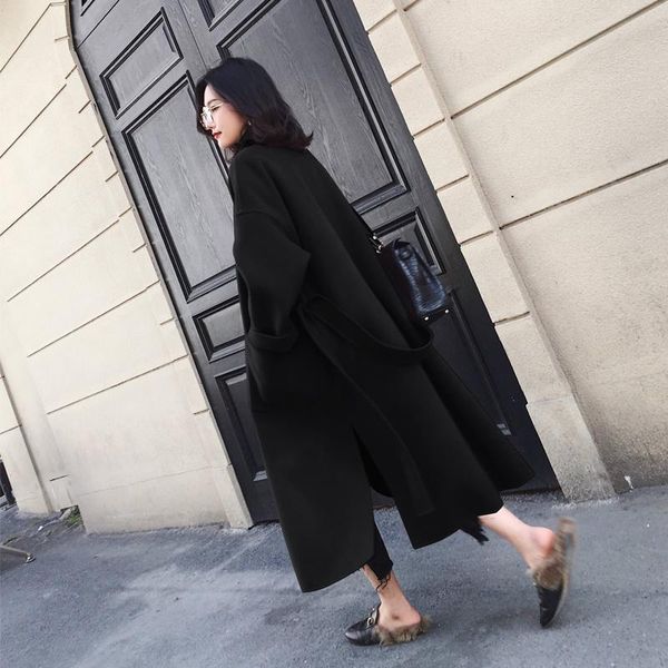 

women's wool & blends 2021 autumn and winter black woolen coat middle long knee loose double-sided fashion