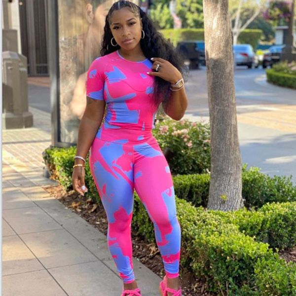 

women's two piece pants summer 2021 casual printed tracksuit with round neck and slim tight trousers daily red blue two-piece set, White