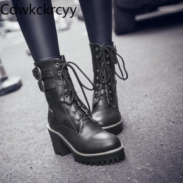 

boots winter the fashion round head thick heel lace handsome rivet plus velvet keep warm high women 34-43, Black