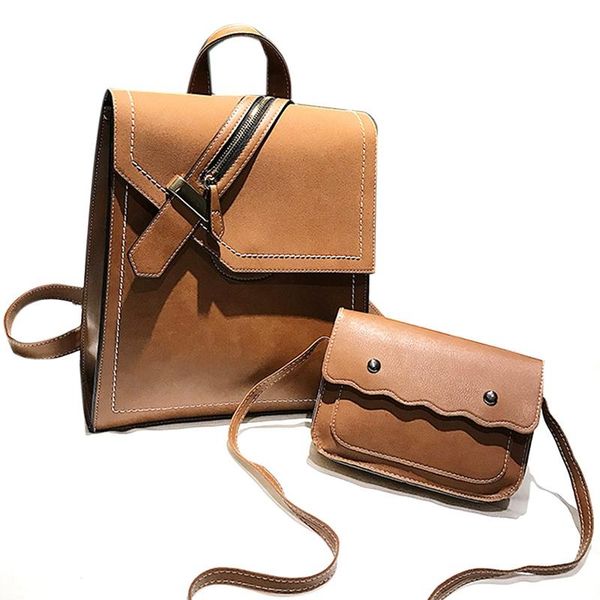 

outdoor bags pu leather backpack female fashion school girl brown retro