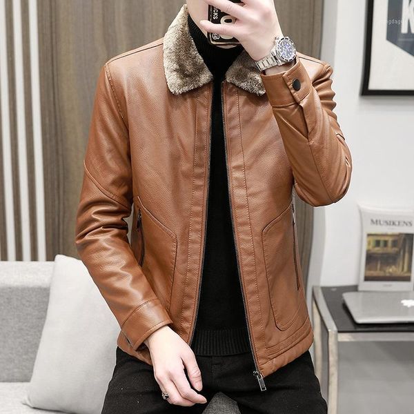 

men's jackets (m-4xl) fur jacket male plush collar leather coat casual korean style fashion overcoat warm handsome outwear, Black;brown