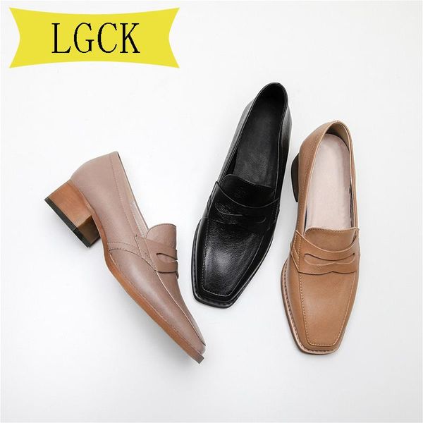 

dress shoes plus size 34-41 loafers for women genuine cow leather fashion slip on square toe ladies soft classic black