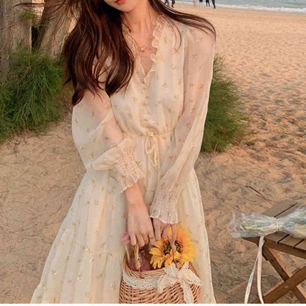 

women's jackets 2021 summer women floral fungus v-neck long-sleeve dress elegant party korean style beach sweet temperament girls, Black;brown
