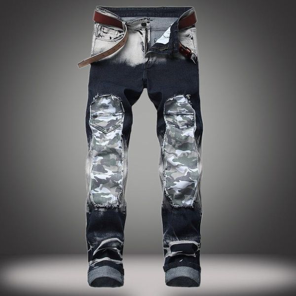 

nostalgic jeans men's ripped hole colorblock patch decoration trendy pants, Blue