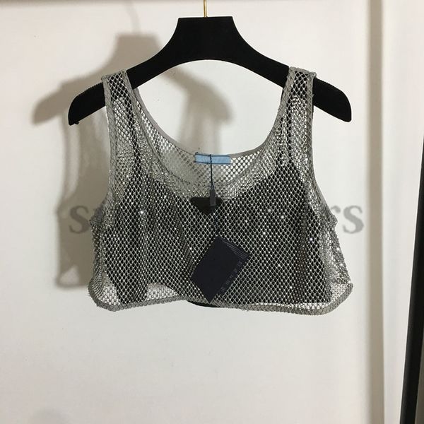 

luxurys camisole vest womnes silver summer charming sling tanks vests flashing diamond hollow mesh camis for women, White