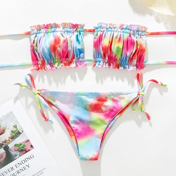 

blue tie dye print bikini ruches bikinis women brazilian swimsuit summer swimming suit for women bathing suits 2021by