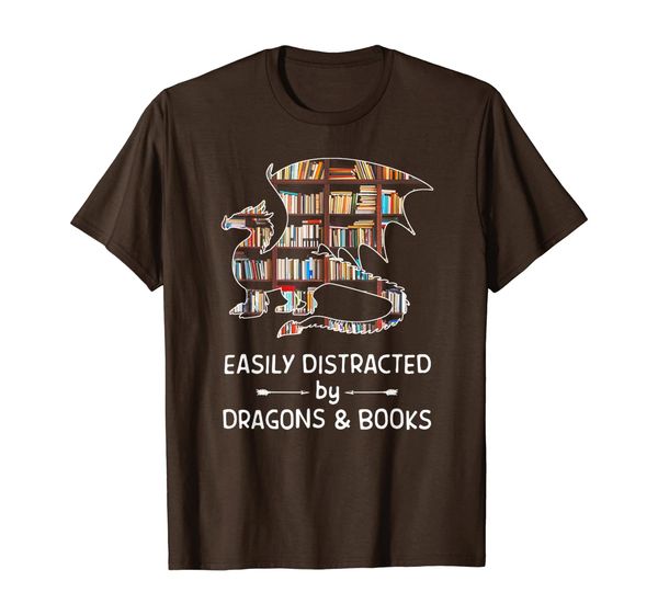

easily distracted by dragons and books funny gift t-shirt, White;black