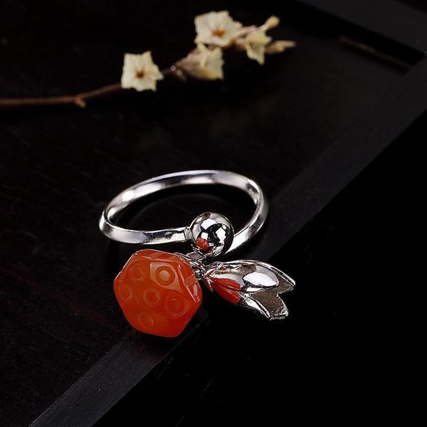 

cluster rings original design natural south carnelian lotus pendant opening adjustable ring chinese retro charm women's silver jewelry, Golden;silver