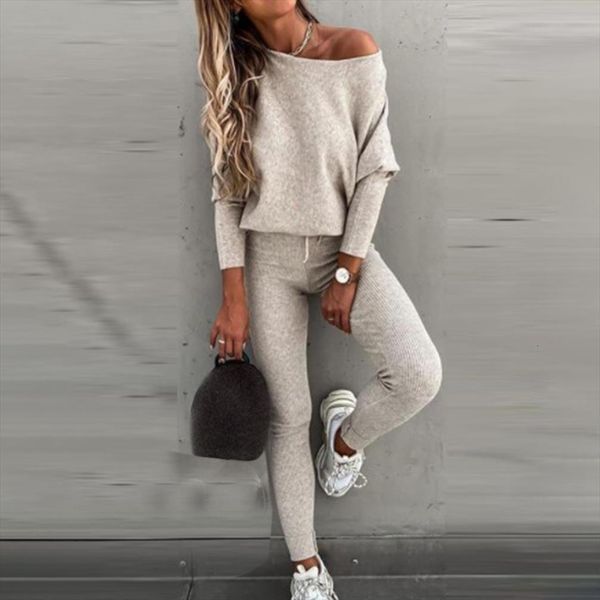 

solid color two piece sets womens pants winter off shoulder long sleeve pullovers casual lace up sweatshirt suits, White