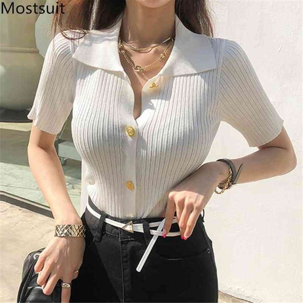 

summer korean knitted single-breasted t shirts women short sleeve turn-down collar solid slim fashion elegant tees 210518, White
