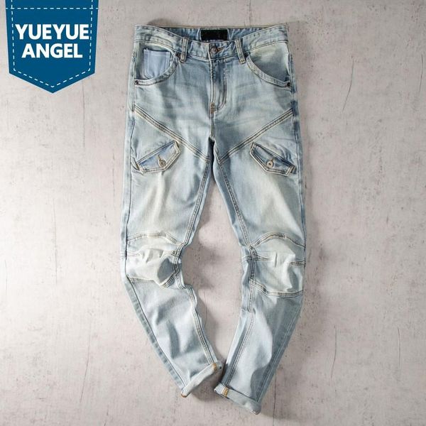

men's jeans vintage light blue men casual straight denim pencil pants zipper multi-pockets slim stretch biker cowboy trousers male
