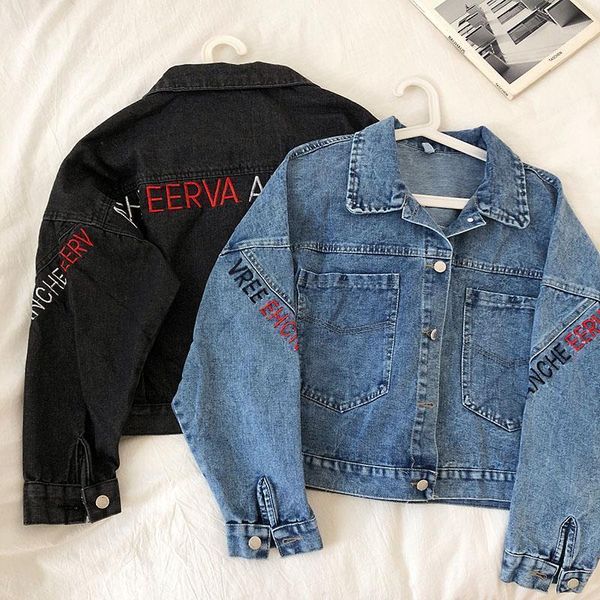 

women's jackets 2021 spring denim jacket fashion clothing letter embroidery loose large pocket coat female, Black;brown