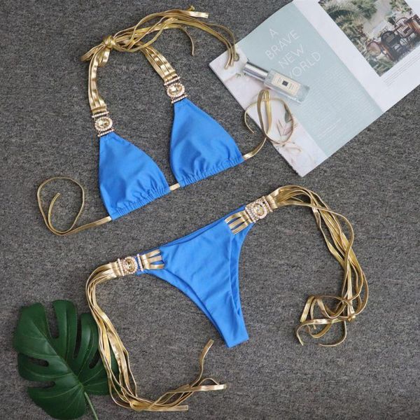 Kadın Mayo 2021 Seksi Elmas Tassel Bikini Kadın Altın Halter Bandeau Mayo