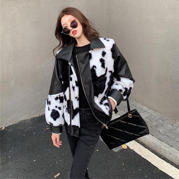 

women's fur & faux lucyever fashion cow pattern jacket women 2021 winter punk style patchwork pu furry coat korean loose plush coats, Black