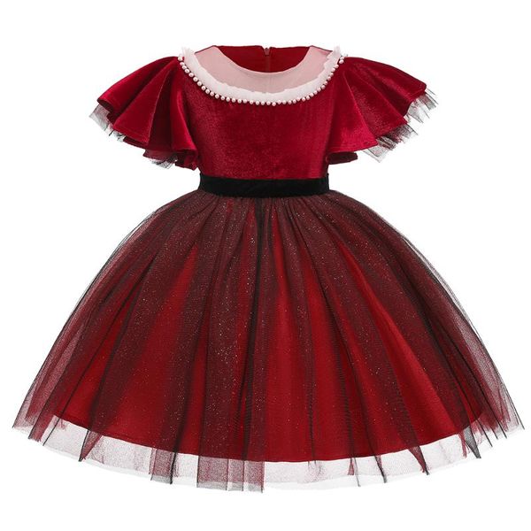 Vestidos da menina ano meninas casamento vestido vermelho beading chato de natal miúdos garota lantejoulas festa de aniversário de veludo l5153