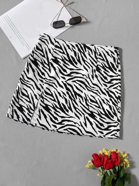 

zebra striped split hem skirt 64hg#, Black