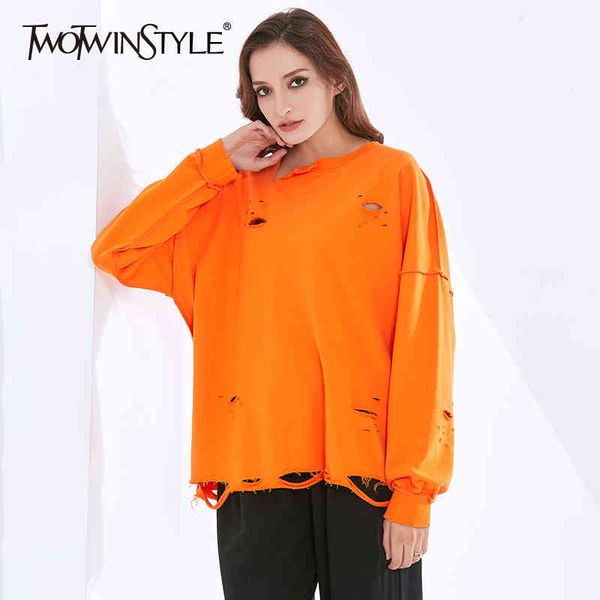 

oversized sweatshirt for women o neck long sleeve hole designer cotton pullovers casual sweatshirts female 210524, Black