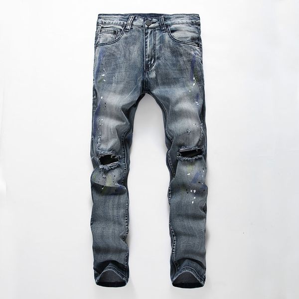 

men's jeans men casual jeans denim vintage ripped big holes painted bleached pencil pants elastic mid waist ship, Blue